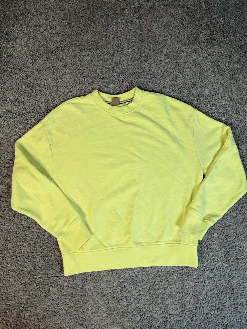 HUGO BOSS Sweatshirt Womens S Yellow Pullover Terry Logo Casual Crewneck
